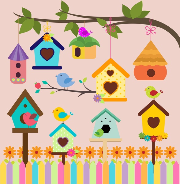 burung rumah dekorasi latar belakang dengan gaya yang berwarna-warni