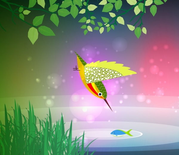 Vogel Jagd Fisch Thema farbige Dekoration Bokeh Hintergrund
