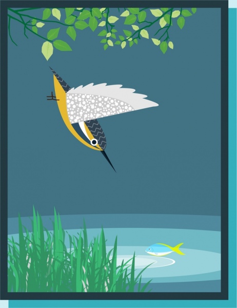 ptak polowanie ryby tematu kolorowy styl