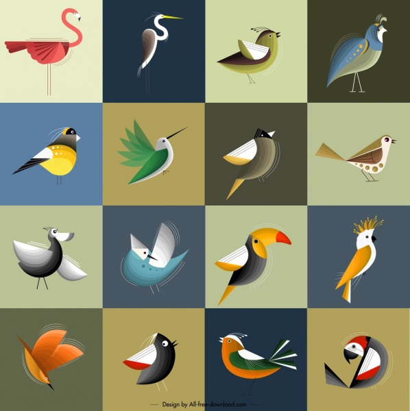 icônes d'oiseau collection colorée classique de conception carrés d'isolement