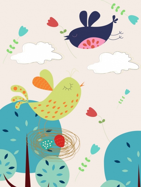 птица гнезда Рисунок цветными мультфильм стиле