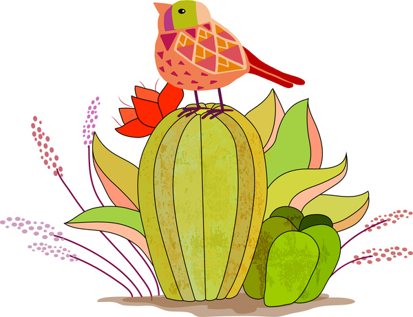 burung pada buah-buahan kartun vektor ilustrasi