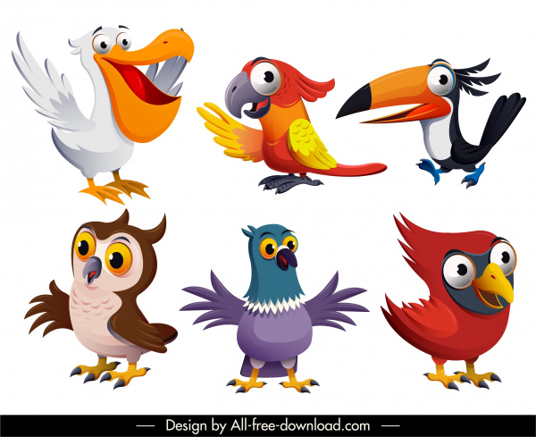 uccelli specie icone carino disegno del personaggio dei cartoni animati