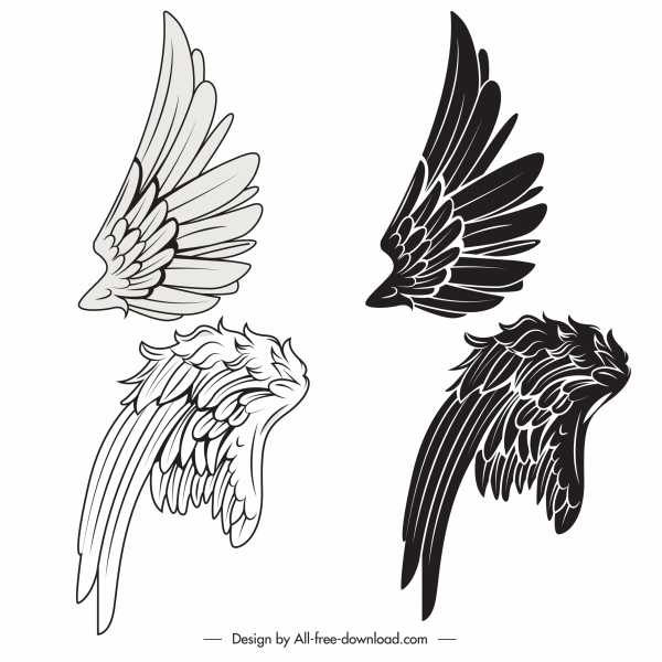 ícones de asa de pássaro preto branco clássico desenhado à mão esboço