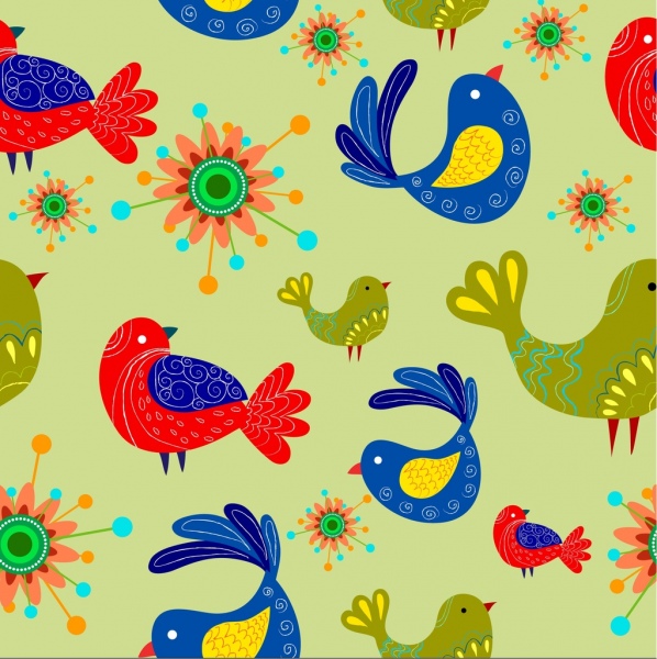 Pájaros y flores patron clasico diseño colorido