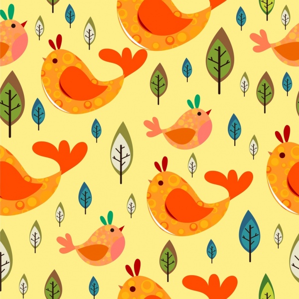 pássaros e folhas padrão colorido design plano de repetição