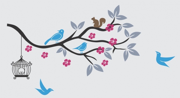 oiseaux et écureuil sur une branche de fleurs