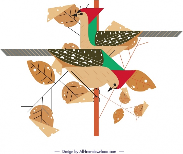 burung hewan lukisan klasik desain flat daun ornamen