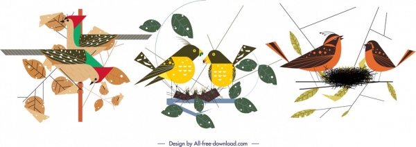 pássaros animais espécies ícones coloridos design clássico