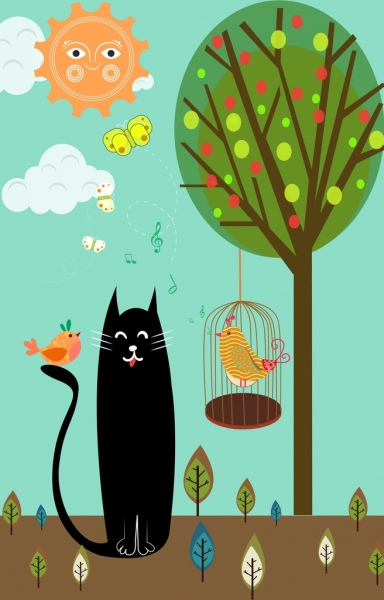 decoración de dibujos animados fondo de aves gato multicolor