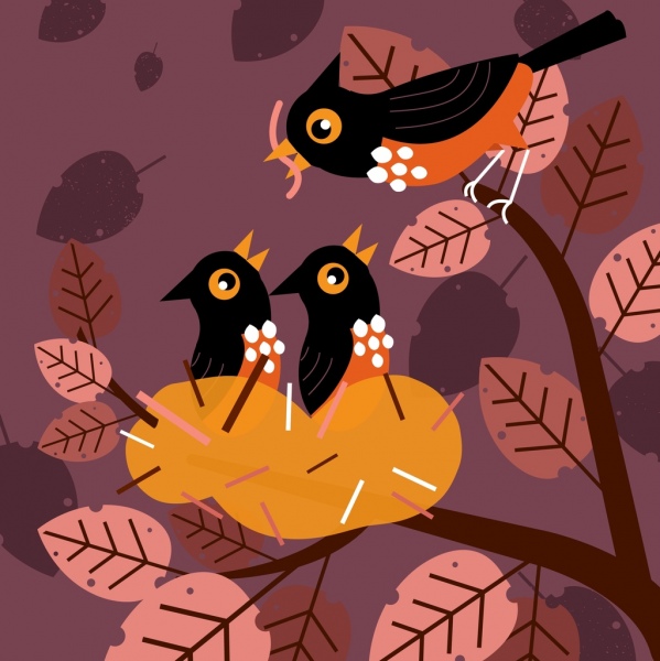 鸟类家庭背景彩色卡通设计