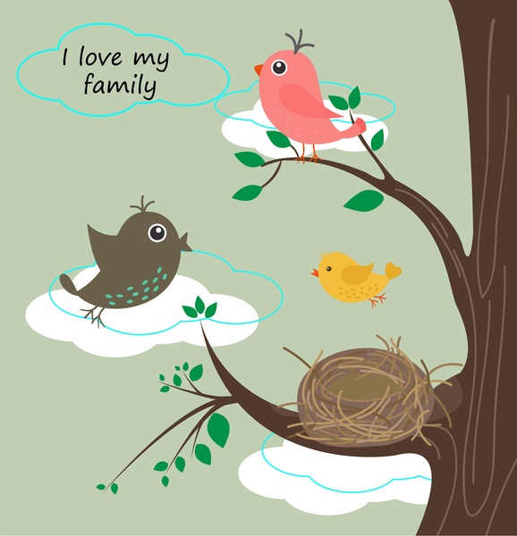illustrazione di priorità bassa di famiglia di uccelli con testo a colori