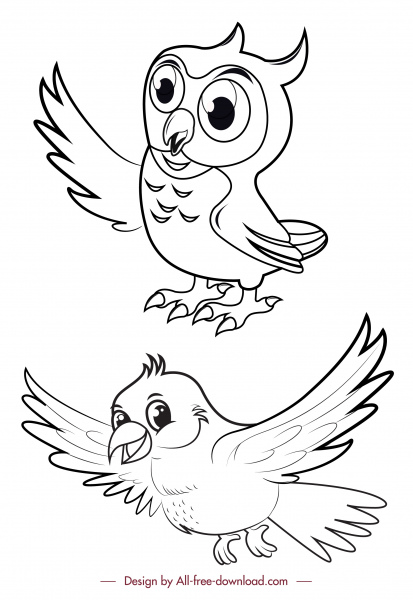 ícones pássaros coruja branca preta desenho desenhado à mão