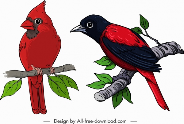 Iconos de pájaros gorrión con bigotes rojos boceto diseño clásico