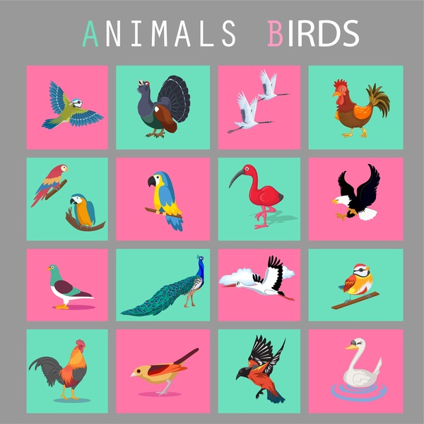 ícones de pássaros conjunto isolado no plano estilo de cores