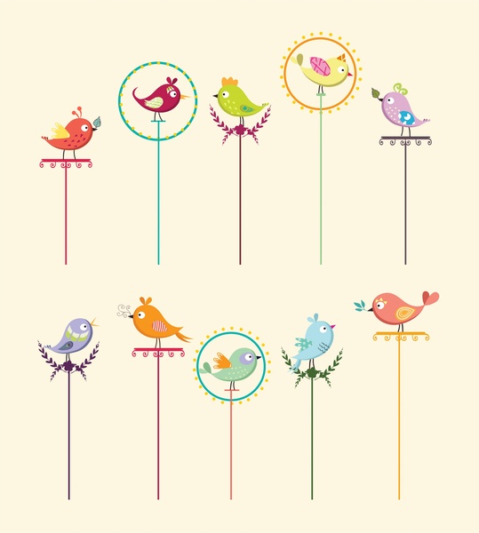 Vögel hocken auf Pol-Kollektion mit Cartoon-Stil