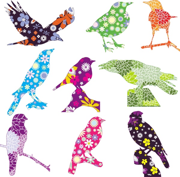 Ilustración de silhouetees de aves con fondo floral