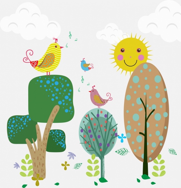 الطيور تغني على موضوع شجرة الكرتون تصميم ستايل