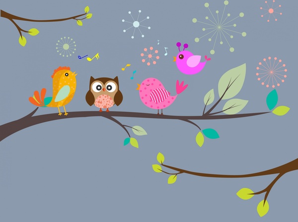 burung bernyanyi latar belakang pohon dengan ilustrasi berwarna gaya