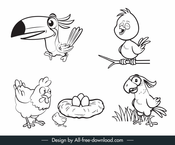 ícones de espécies de pássaros bonito desenho animado desenhado à mão