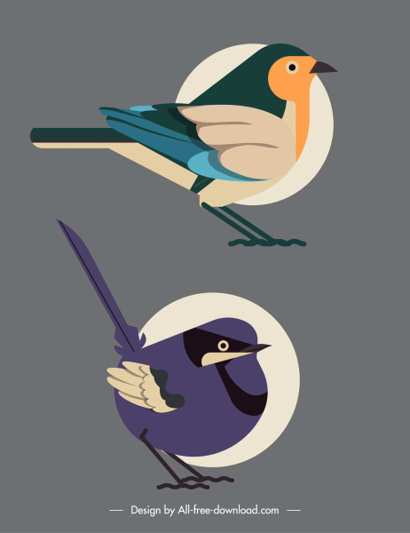 Vögel Arten Icons flach klassische Skizze