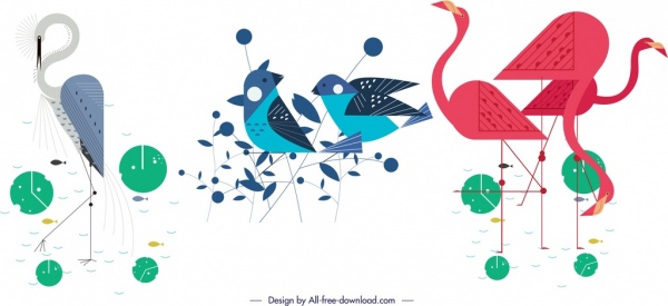 icônes d'espèces d'oiseaux cigogne saucisson symboles de flamant roseule