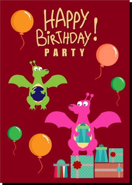 生日背景可爱的龙五颜六色的气球图标装饰