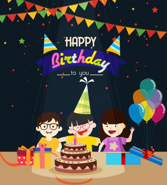 fundo de aniversário lúdico crianças ícones de balão bolo fita