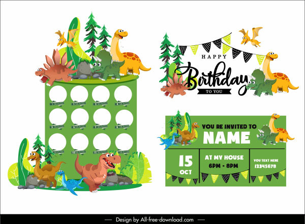 ulang tahun background template warna-warni lucu dinosaurus karakter dekorasi