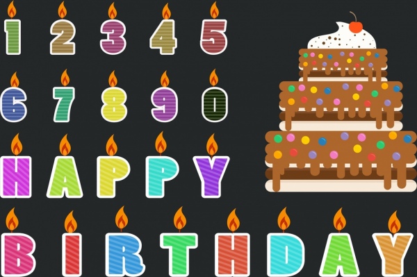 urodziny banner kolorowe numery powitanie słowa ciasto ikony