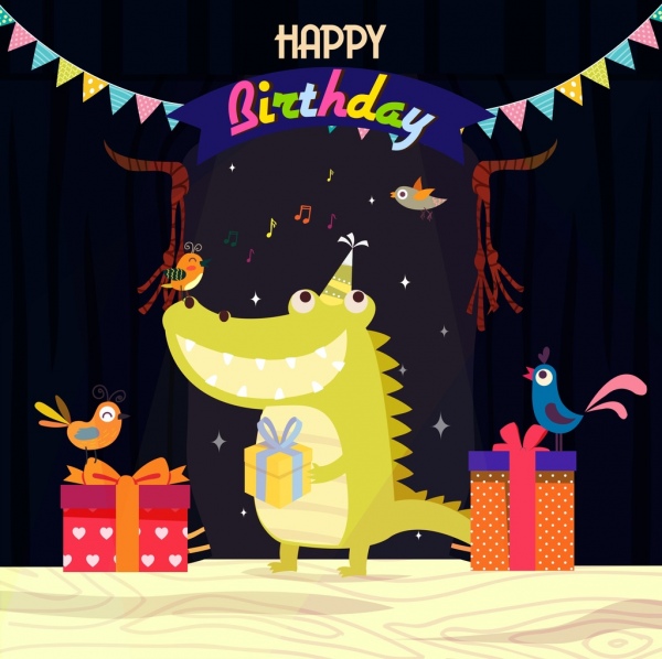 生日横幅鳄鱼鸟图标风格化卡通设计