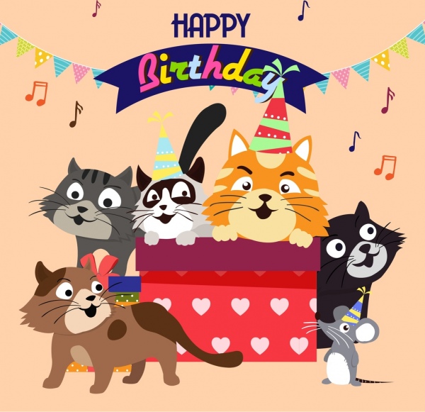Cumpleaños de gatos lindos iconos de dibujos animados la bandera multicolor