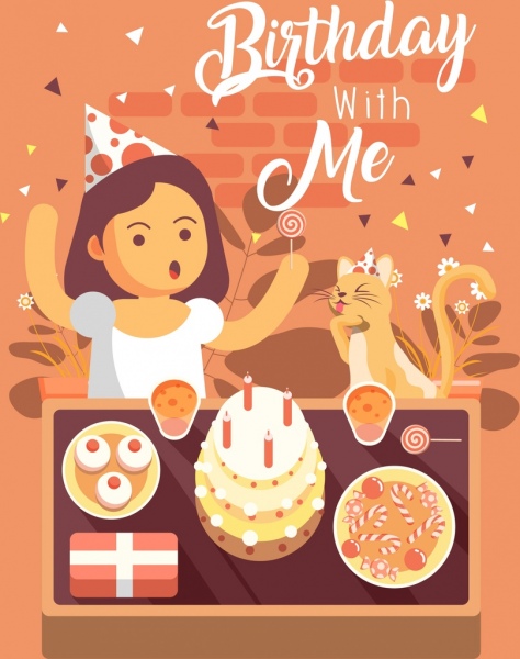 Bannière d’anniversaire fille chat gâteaux icônes dessin animé décor