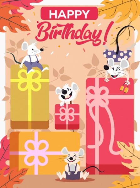 Icone di regali di compleanno banner gioiosa topi disegno stilizzato