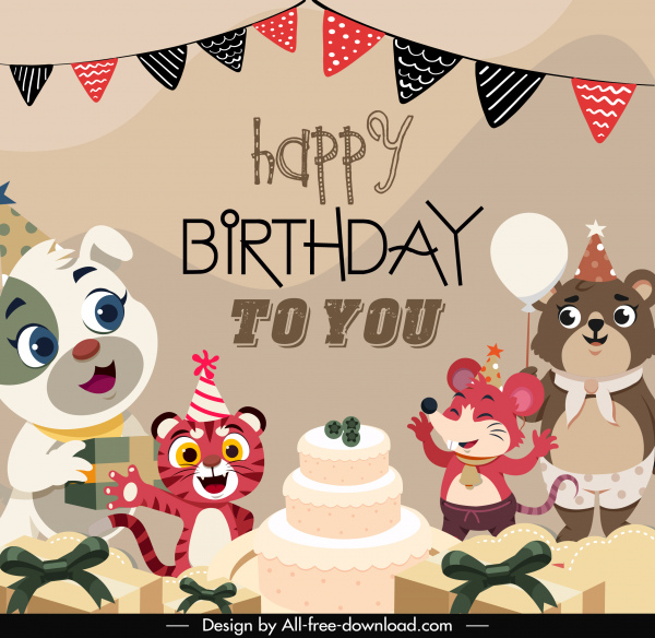 plantilla de banner de cumpleaños lindo estilizado animales de dibujos animados boceto