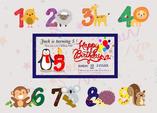 день рождения баннер вектор с милые животные и чисел