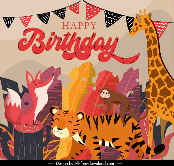 bannière d’anniversaire animaux sauvages personnages colorés classique