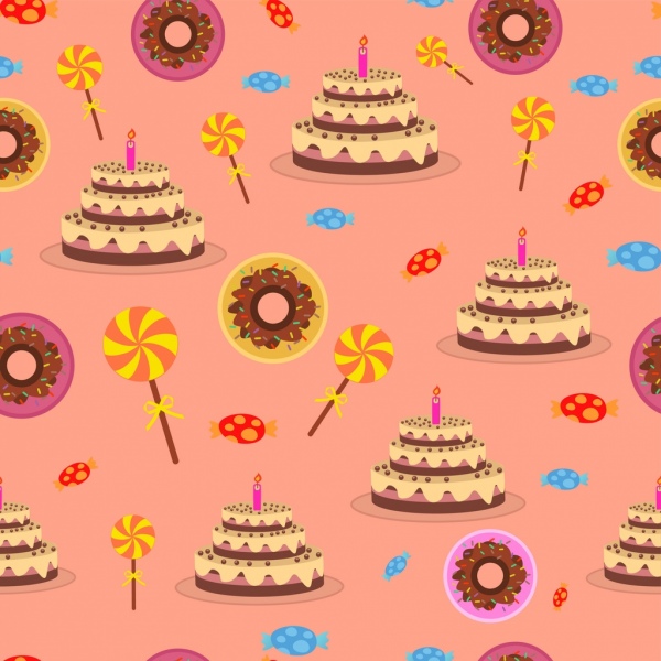 Tortas de cumpleaños dulces fondo colorido repitiendo los iconos