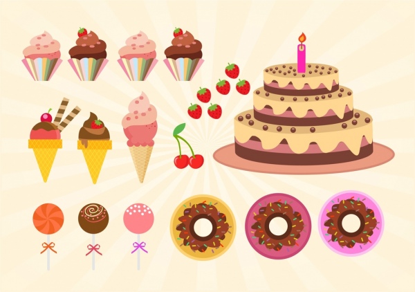 ícones de doces coloridos elementos de design de bolos de aniversário