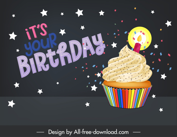 aniversário cartão fundo escuro colorido estrelas cupcake decoração de cupcake