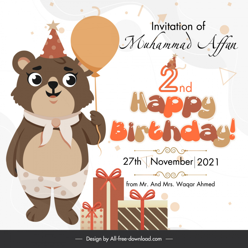 cartão de aniversário balão de urso estilizado banner de desenho animado