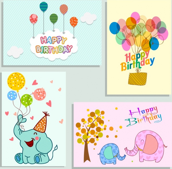 modelos de capa de cartão de aniversário balão elefante decoração de ícones