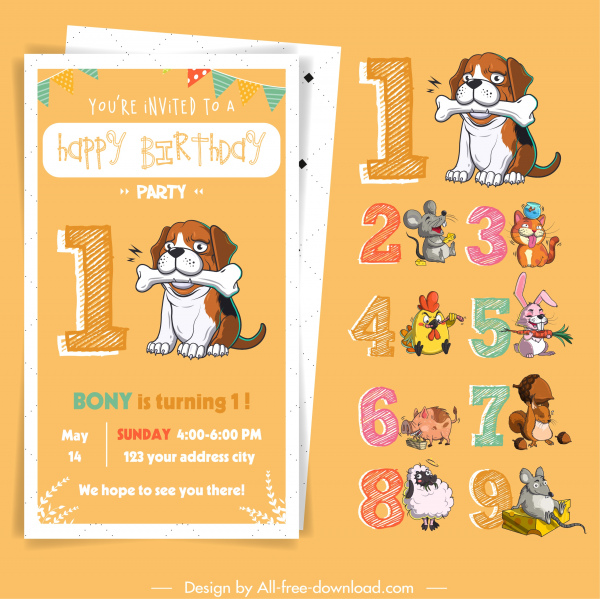 éléments de conception de carte d'anniversaire classiques nombres croquis animaux croquis