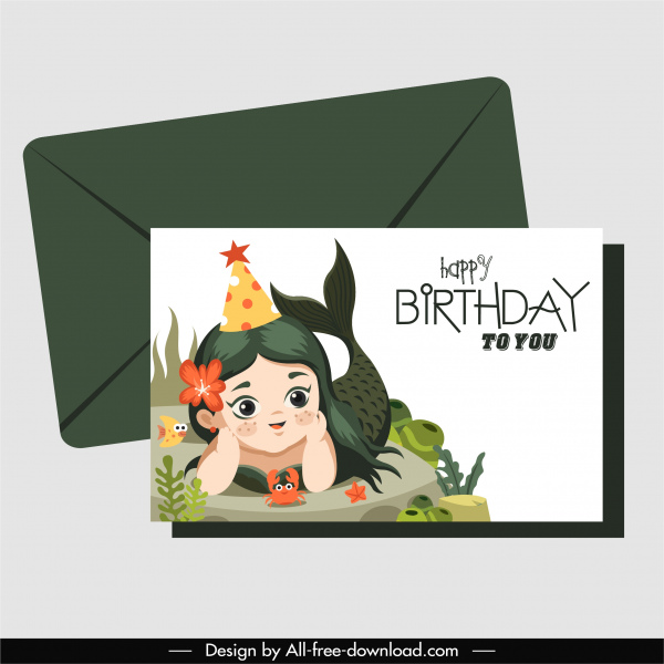 plantilla de tarjeta de cumpleaños bebé sirena boceto diseño de dibujos animados