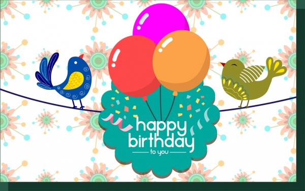 un biglietto di compleanno: gli uccelli colorati e palloncini decorazione