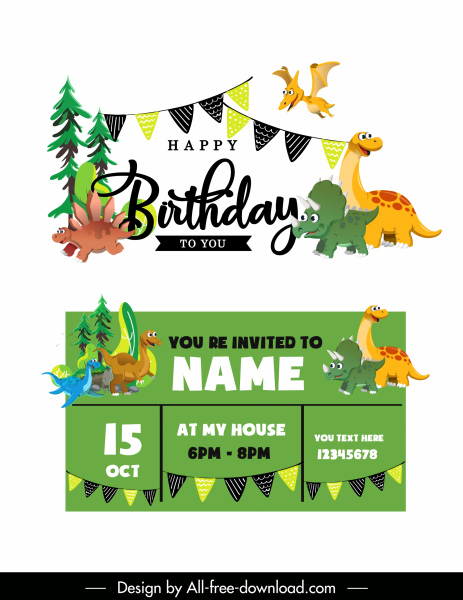 plantilla de tarjeta de cumpleaños lindos iconos dinosaurios boceto de dibujos animados