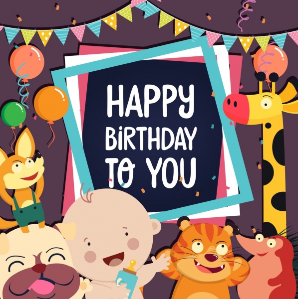 ulang tahun kartu template anak manis hewan ikon dekorasi