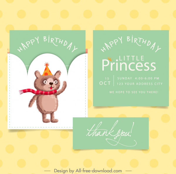 plantilla de tarjeta de cumpleaños linda decoración icono de oso de peluche