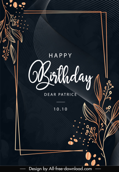 modelo de cartão de aniversário elegante design escuro floras desenhadas à mão