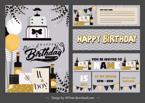 plantilla de tarjeta de cumpleaños elegante oscuro elementos decorativos planos